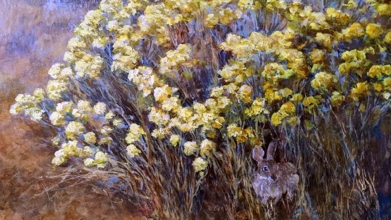 fine art painting of rabbit hiding in rabbit brush field
